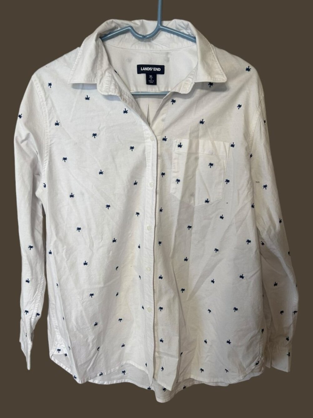 Lands’ End Women’s Embroidered Palm Tree Oxford Button Down Shirt XL 18 White